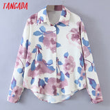 Women Ink Flowers Print Shirts Long Sleeve Turn Down Collar Elegant Office Ladies Work Blouses