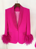 STREET Newest 2023 Designer Jacket Women's Natural Feathers Embellished Diamonds Single Button Beaded