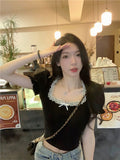 Collar French Bubble Sleeve T-Shirt For Summer New Lace Design Set In Black Short-Sleeved