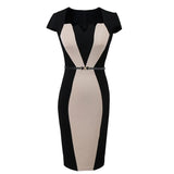 New Elegant Short Sleeve Office Work Dress Women Plus Size Patckwork Midi Pencil Dresses Ladies Slim Evening Party