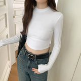 And Slim Long-Sleeved T-Shirt Women's Early Autumn New Style Solid Color Underneath T-Shirt Short Style Blouse-Outfit