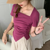 Women's T-Shirt Shows A Sense Of Thin Short-Sleeved Design Minority Pleated Irregular Slimming Blouse Square Collar Clavicle