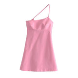 Women Solid Pink Mini Dress Strap Sleeveless 2021 Korean Fashion Lady Short Dresses Vestido