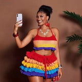 Fongt Striped Knitted Neck Top + Lotus Side Shorts Set Sexy Umbilked Fashion Two-Piece Set