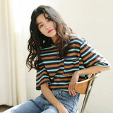 summer Women Casual Loose stripe Printed t-Shirts Ulzzang Harajuku 90s Girlfriends Short Sleeve Comfortable student tee