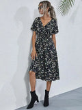 V-neck Short Sleeve A-line Chiffon Midi