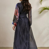 Fongt Court Dress Female Senior Sense Strap To The Waist Lantern Sleeve Print Single Buckle Mesh Elegant Dress