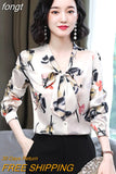 Silk Blouses Women Satin Print Blouse Women Long Sleeve Shirts Woman V-neck Silk Blouses Ladies Floral Blouse for
