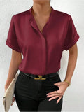 Women's Dress Solid Color Satin Short-Sleeved Shirt With Shoulder Collar Short-Sleeved Shirt Satin Shirt-Outfit