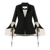 Hollow Out Black Blazer For Women Notched Flare Long Sleeve Lace Up Bowknot Solid Blazers Female Fashion New