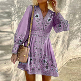 Fongt 949 Spot Fall 2023 New Women's Long Sleeve V-Neck Loose Print Bohemian Dress-Outfit