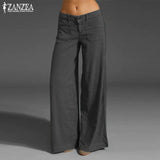 Fongt 2023 ZANZEA Vintage Elegant Wide Leg Pants Women's Summer Trousers Button Front Zip Turnip Causal Turnip Pantalon 7 1215-0-Outfit