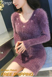 Mink Furry Sweater Women Autumn Winter Embroidery Elasticity Knit Bottoming Pullover Hippocampus Sexy Package Hip
