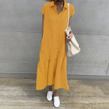Elegant Summer Long Shirt Dress Women Lapel Neck Short Sleeve Solid Loose Work Sundress Robe Femme Maxi