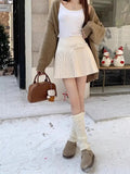 Bow Solid High Waist Pleated A-line Skirt-Outfit