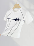Fongt Combed Cotton White T-Shirt Women's Pure Cotton Bright Thread Design Bow Knot Rotator Sleeve Round Collar Short Sleeve Shirt Ins-Outfit