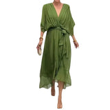 Fongt New Women's Solid Color With Long Skirt Bat Sleeve Irregular Dress