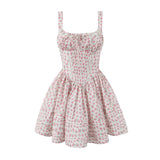 New Spring Style Printed Pleated Slim Mini Sling Dress-Outfit