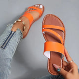 2023 Summer Flat Heel Sandals for Women Casual Plus Size Beach Slippers Woman Pu Leather Strap Slip-On Gladiator Sandals-Outfit