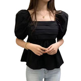 Korean 2023 New Shoulder Bubble Sleeve Short-Sleeved Shirt-Outfit