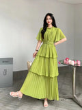 Fongt Familiar With The Style Of Temperament Short-Sleeved Round Collar To Close The Waist Thin Cake Dress Dress Dress Woman