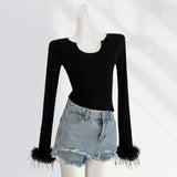 Fongt Thousand Years Royal Sister Wind Black Hot Jacket Early Spring U Collar Slim Thin Feathers Long Sleeve Bottom Shirt-Outfit