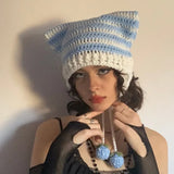 Fongt New Knitted Hat Fox Ear Devil Horn Striped Wool Hat Female-Outfit