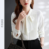 Fongt Curry With Chiffon Long-Sleeved Shirt Women's Bow Tie Irregular Design Sense 2025 New Ocean