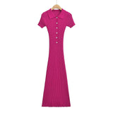 Fashion Women's Wear Pure Style Lapel Short-Sleeved Fishtail Dress Skirt Waist Slim Hip Knit Long Skirt-Outfit