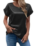 Women's Short-Sleeved Satin Shirt Loose Casual Round-Collar Satin T-Shirt Women's Spring / Summer 2024 New Style-Outfit