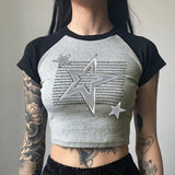 Fongt Girls Basic Top 2023 Summer Metal Five-Pointed Star Print Rotator Sleeve Contrast Color Round Collar-Outfit