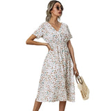 V-neck Short Sleeve A-line Women Midi