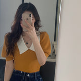 Fongt Retro Bubble Sleeve Knitted T-Shirt Women Design Small Short Top Summer New Ice T-Shirt