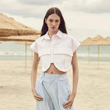 Fongt Color Women's Clothing 2025 Spring Solid Color Big Pocket Sleeveless Polo Collared Denim Shirt Blouse
