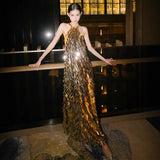 Fongt New Chinese Dress Light Luxury Niche 2025 New Famous Wind Hanging Neck Heavy Industry Slew Sexy Bare Back Dress