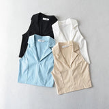 Trendy Women's Vest Fashion Temperament Solid Color Collar Sleeveless Lapel Retro Elastic Spicy Girl Navel Blouse-Outfit
