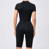 Fongt Waist Open Collar Zipper Short Sleeve Yoga Onesie Women's Net Fitness Tight Sports Onesie 41180-Outfit