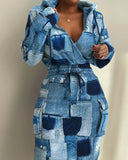 E-Commerce Independent Station Women's Printed Waist Pocket Dress Stock-Outfit