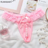 Women Pearl Crotch Open Lace Thong Slim Transparent Lingerie G-String Solid Color Girl Temptation Massage Underwear Panties 515