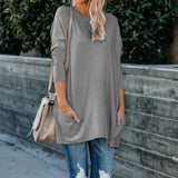 Wise Women's New Round Collar Long Sleeve Pocket T-Shirt Top-Outfit