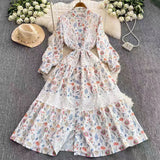 Fongt Retro Court Wind Hollow Lace Splicing Lantern Sleeve Collection Waist Single Buckle Print Dress 2025 Spring Dress
