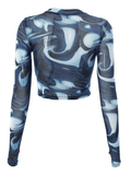 Mesh Long Sleeve Marble Print Crop Top-Outfit