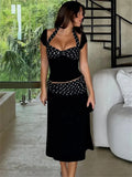 Black Polka Dot Patchwork Top And Midi Skirt Set-Outfit
