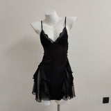 Fongt Sexy Little Chest Thin Pajamas With Thoracic Mat Women Autumn New Ice Wire Splicing Mesh Pure Desire Hanging Skirt