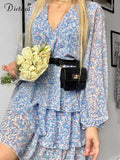 Summer Women's Dress 2022 Floral Print Long Sleeve V Neck Cascading Ruffle Party Dresses Elastic Beach Wedding