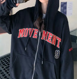 Letter Embroidery Oversized Zip Up Hoodie-Outfit