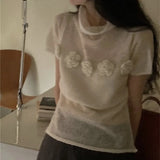 Floral Patchwork Ropa Mujer Half High Collar Tops Short Sleeve T Shirt Korean Chic Camisetas Summer Knitted Clothes Women-Outfit