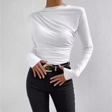 Fongt Summer Solid Color Round Collar Repair Shirt Bran Folding Design Women's Long-Sleeved Top