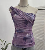 Net Yarn Printed Slanted Shoulder Sling Vest Retro Design Folding Temperament Short Blouse