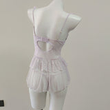 Fongt New Mesh Yarn Flower Sweet Embroidered Pyjamas With Chest Cushions Dyed Skinny Pyjamas Dress